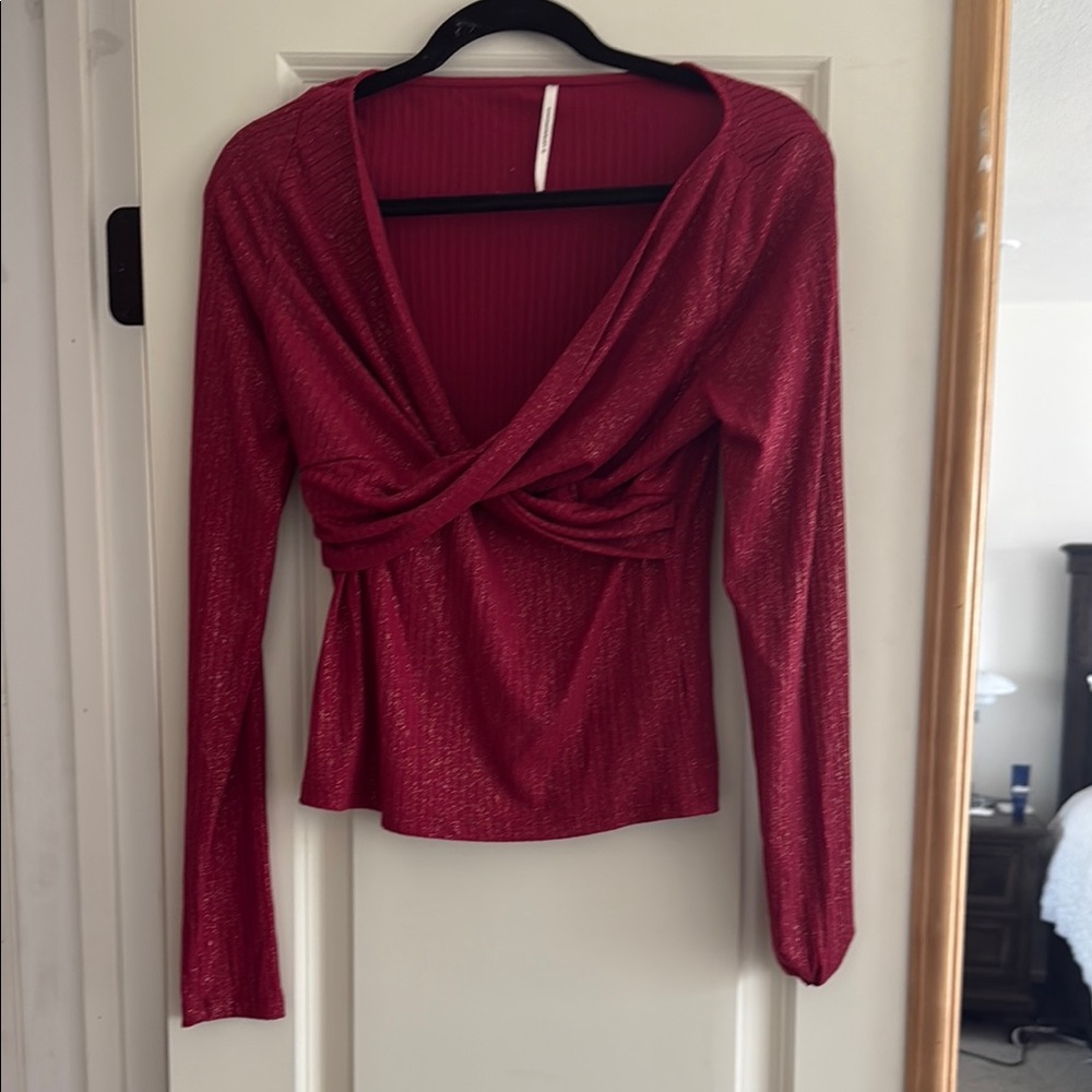 Anthropologie Red Wrap Blouse Long Sleeve